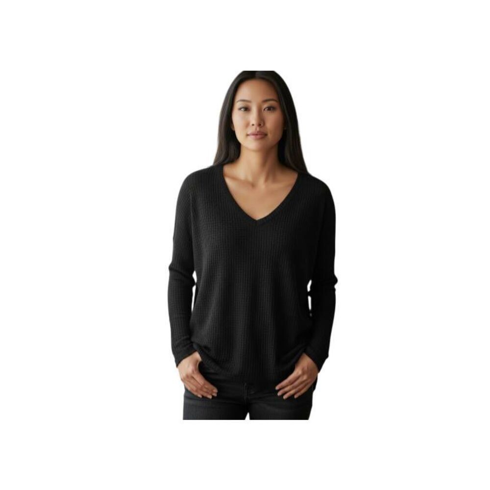 ALBE RITA BLACK V-NECK WAFFLE KNIT PULLOVER SZ.S EUC.